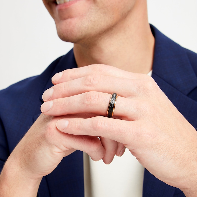 Main Image 2 of Men's 6.0mm Black Tungsten and 0.12 CT. T.W. Black Diamond Wedding Band with Rose-Tone Ion Plate - Size 10