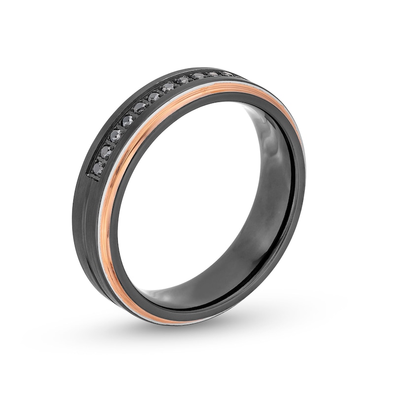 Men's 6.0mm Black Tungsten and 0.12 CT. T.W. Black Diamond Wedding Band with Rose-Tone Ion Plate - Size 10