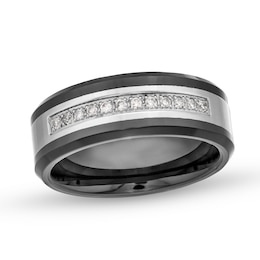 Men's 8.0mm Stainless Steel and Black Ion Plate Band with 0.15 CT. T.W. of Diamonds - Size 10