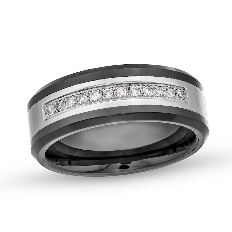 Men's 8.0mm Stainless Steel and Black Ion Plate Band with 0.15 CT. T.W. of Diamonds - Size 10|Peoples Jewellers