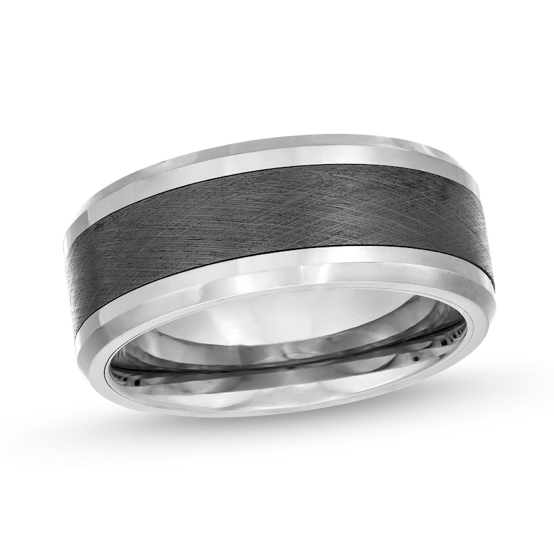 Men's 9.0mm Beveled Edge Wedding Band in Tungsten with Brushed Black Ceramic Inlay - Size 10|Peoples Jewellers