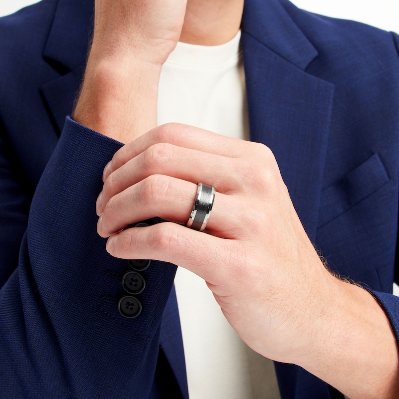 Main Image 2 of Men's 9.0mm Beveled Edge Wedding Band in Tungsten with Brushed Black Ceramic Inlay - Size 10