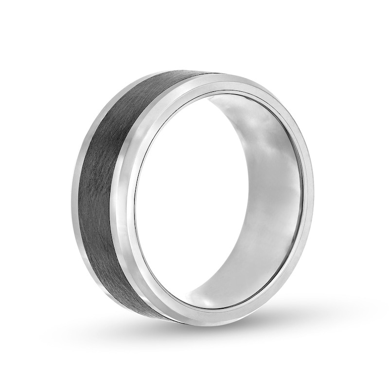 Men's 9.0mm Beveled Edge Wedding Band in Tungsten with Brushed Black Ceramic Inlay - Size 10|Peoples Jewellers