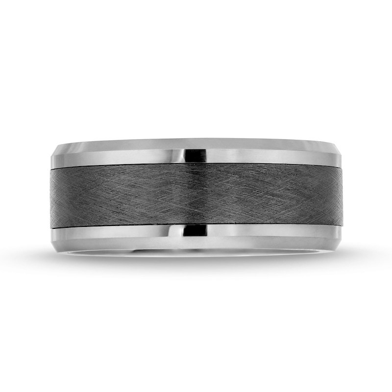 Men's 9.0mm Beveled Edge Wedding Band in Tungsten with Brushed Black Ceramic Inlay - Size 10|Peoples Jewellers