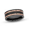 Thumbnail Image 0 of Men's 8.0mm Wedding Band in Black Tungsten and Rose-Tone Ion Plate with Black Carbon Fibre Inset - Size 10