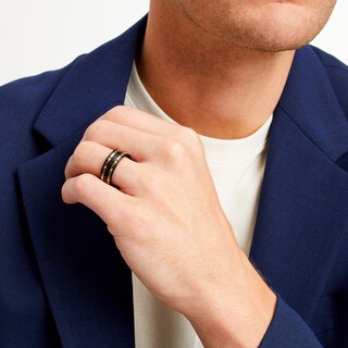 Men's 8.0mm Wedding Band in Black Tungsten and Rose-Tone Ion Plate with Black Carbon Fibre Inset - Size 10