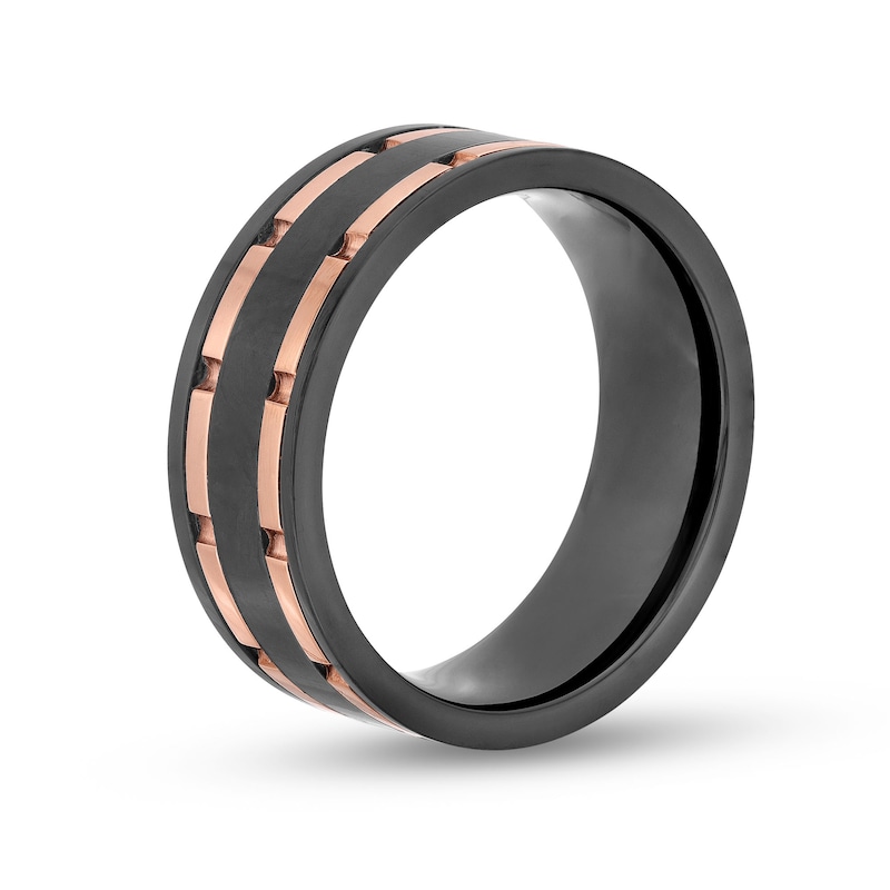 Men's 8.0mm Wedding Band in Black Tungsten and Rose-Tone Ion Plate with Black Carbon Fibre Inset - Size 10|Peoples Jewellers