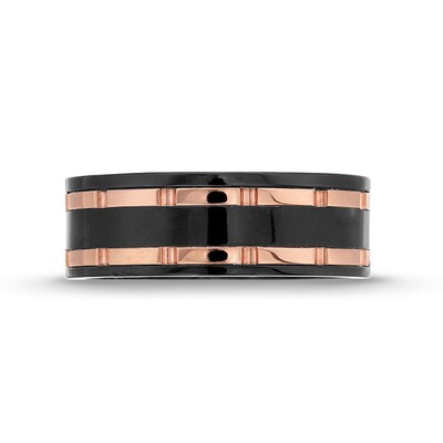 Men's 8.0mm Wedding Band in Black Tungsten and Rose-Tone Ion Plate with Black Carbon Fibre Inset - Size 10