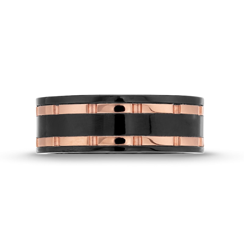 Men's 8.0mm Wedding Band in Black Tungsten and Rose-Tone Ion Plate with Black Carbon Fibre Inset - Size 10