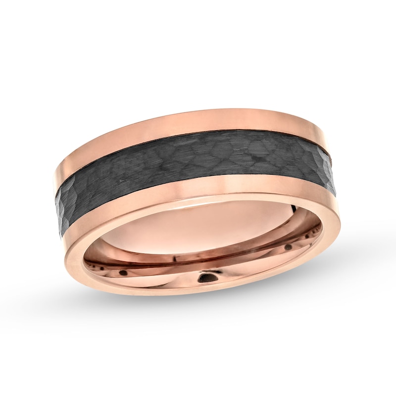 Men's 8.0mm Wedding Band in Rose-Tone Ion Plated Tungsten with Black Carbon Fibre Inset - Size 10|Peoples Jewellers