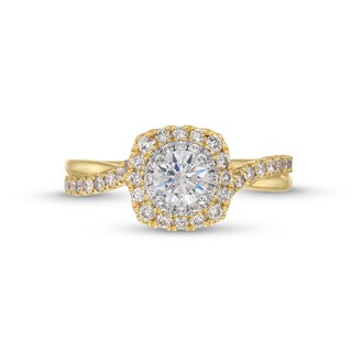 0.90 CT. T.W. GIA-Graded Diamond Cushion Frame Crossover Shank Engagement Ring in 14K Gold (F/SI2)