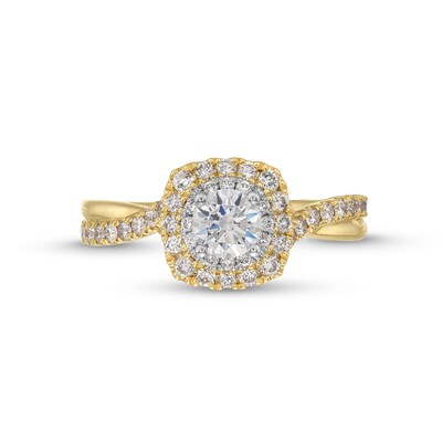 0.90 CT. T.W. GIA-Graded Diamond Cushion Frame Crossover Shank Engagement Ring in 14K Gold (F/SI2)