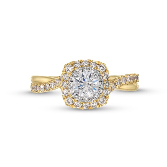 0.90 CT. T.W. GIA-Graded Diamond Cushion Frame Crossover Shank Engagement Ring in 14K Gold (F/SI2)