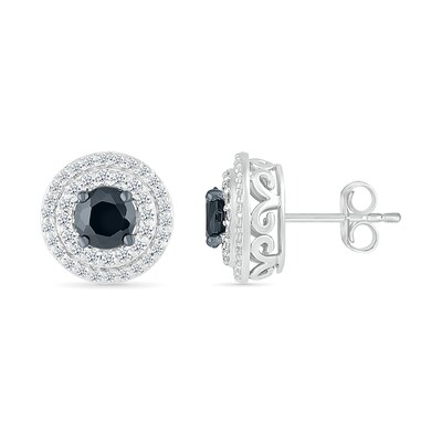 1.00 CT. T.W. Black and White Diamond Double Frame Stud Earrings in 10K White Gold