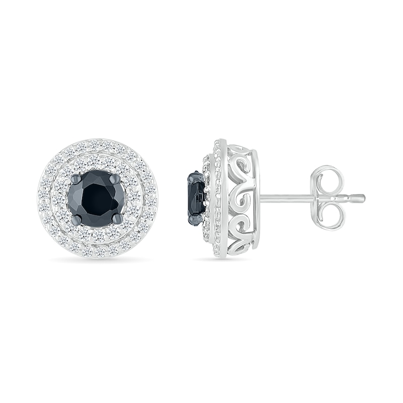Main Image 2 of 1.00 CT. T.W. Black and White Diamond Double Frame Stud Earrings in 10K White Gold