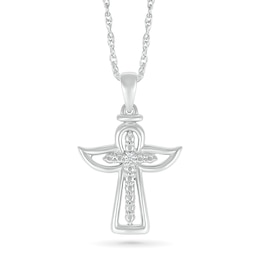Diamond Accent Cross with Angel Outline Pendant in Sterling Silver