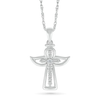 Diamond Accent Cross with Angel Outline Pendant in Sterling Silver