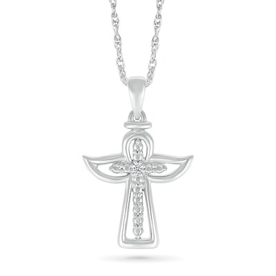 Diamond Accent Cross with Angel Outline Pendant in Sterling Silver