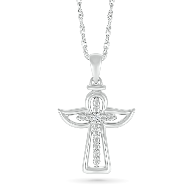 Diamond Accent Cross with Angel Outline Pendant in Sterling Silver|Peoples Jewellers