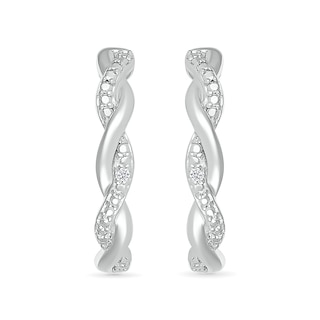 Diamond Accent and Polished Twist J-Hoop Earrings in Sterling Silver