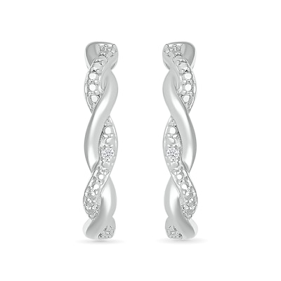 Diamond Accent and Polished Twist J-Hoop Earrings in Sterling Silver