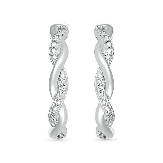 Diamond Accent and Polished Twist J-Hoop Earrings in Sterling Silver