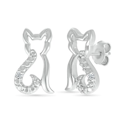 Diamond Accent Cat Outline Stud Earrings in Sterling Silver