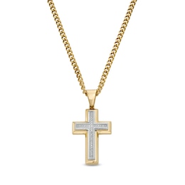 Men's 0.085 CT. T.W. Diamond Cross Pendant in Stainless Steel with Yellow Ion Plate - 24&quot;