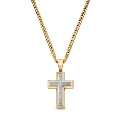 Men's 0.085 CT. T.W. Diamond Cross Pendant in Stainless Steel with Yellow Ion Plate - 24"