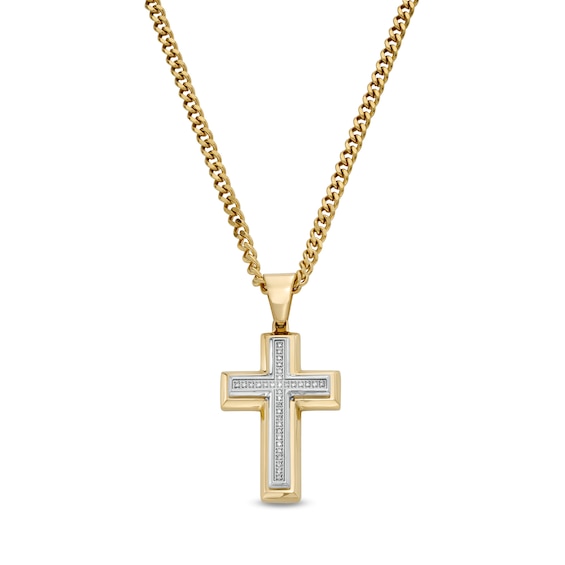 Men's 0.085 CT. T.W. Diamond Cross Pendant in Stainless Steel with Yellow Ion Plate - 24"
