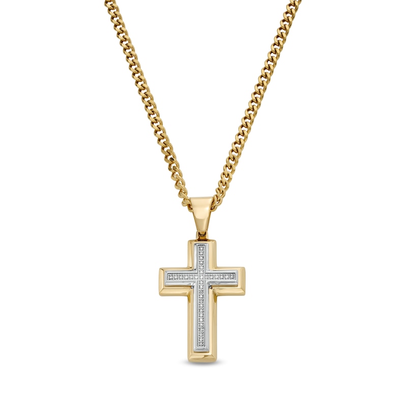 Men's 0.085 CT. T.W. Diamond Cross Pendant in Stainless Steel with Yellow Ion Plate - 24"|Peoples Jewellers