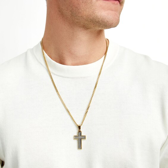 Men's 0.085 CT. T.W. Diamond Cross Pendant in Stainless Steel with Yellow Ion Plate - 24"