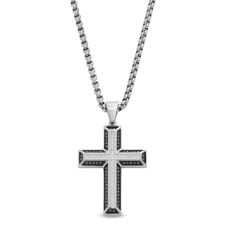 0.50 CT. T.W. Black and White Diamond Cross Pendant in Stainless Steel with Black Ion Plate - 24"|Peoples Jewellers