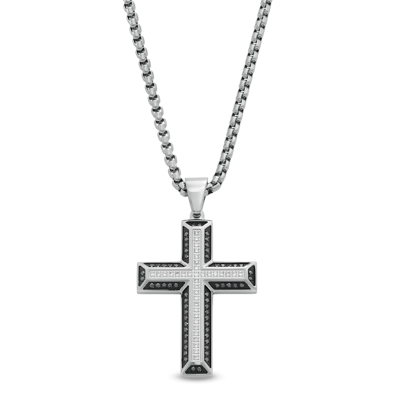 Main Image 1 of 0.50 CT. T.W. Black and White Diamond Cross Pendant in Stainless Steel with Black Ion Plate - 24"
