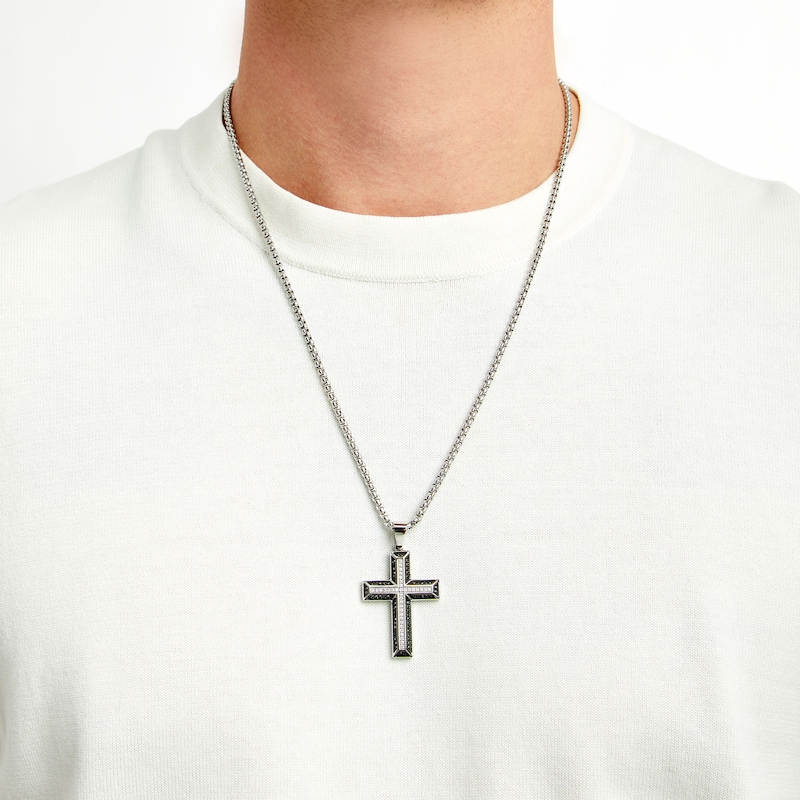 Main Image 2 of 0.50 CT. T.W. Black and White Diamond Cross Pendant in Stainless Steel with Black Ion Plate - 24"