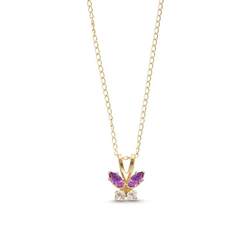Main Image 1 of Child's Marquise Amethyst and White Topaz Butterfly Pendant in 14K Gold - 13"