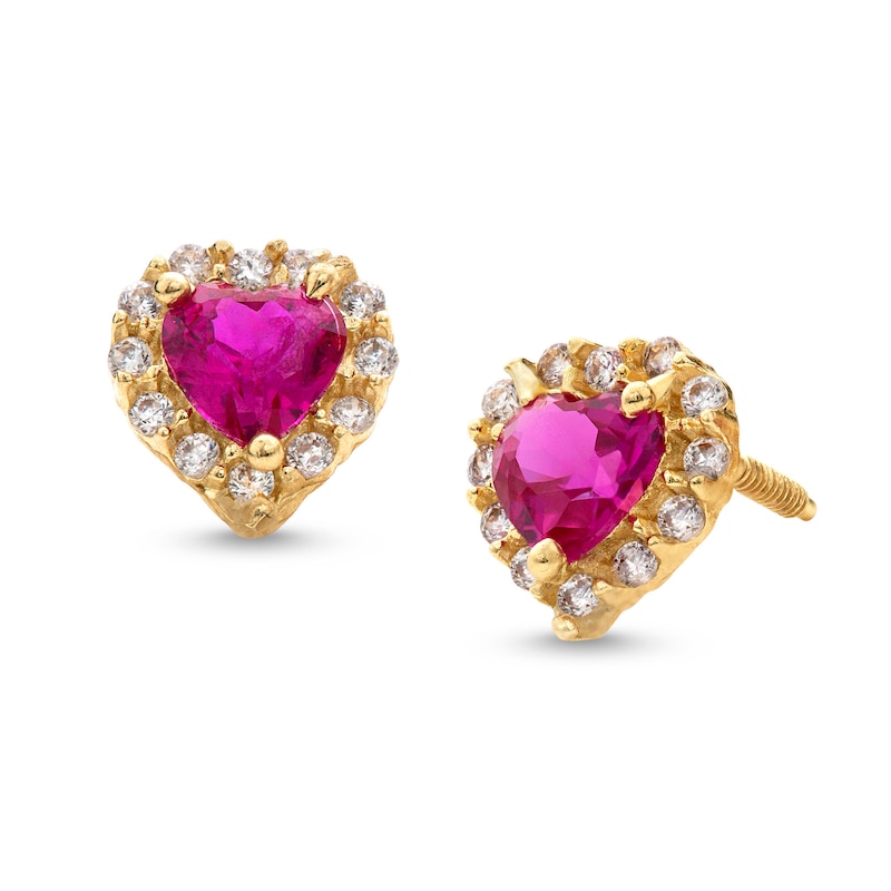 Child's Heart-Shaped Lab-Created Ruby and White Cubic Zirconia Frame Stud Earrings in 14K Gold|Peoples Jewellers