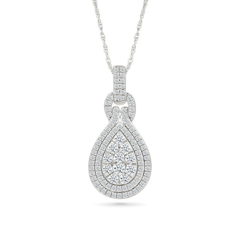 Main Image 1 of 0.70 CT. T.W. Pear-Shaped Multi-Diamond Double Teardrop Frame Doorknocker Pendant in 10K White Gold