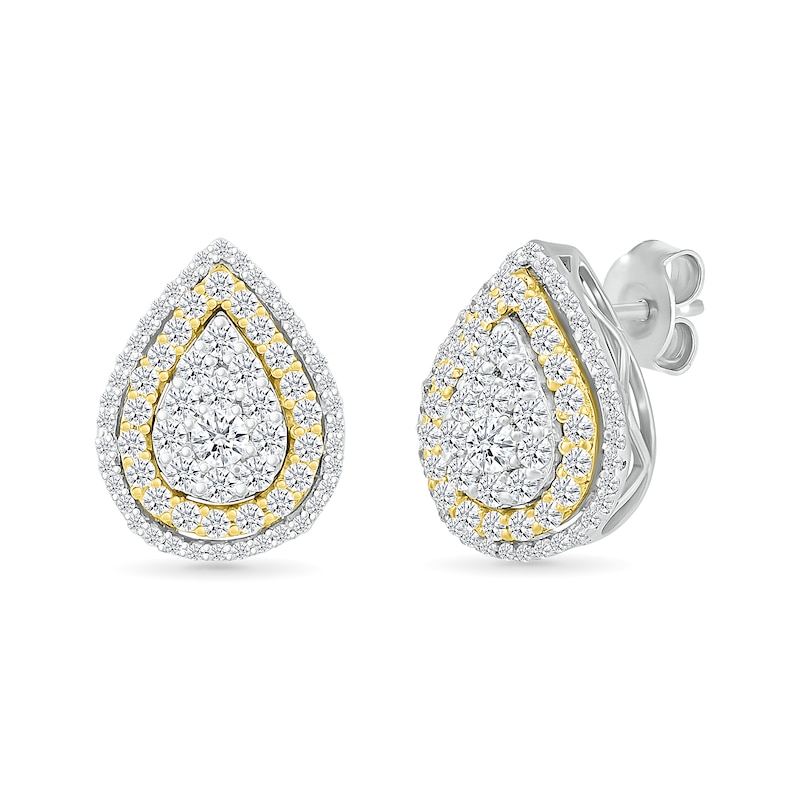 Main Image 1 of 1.00 CT. T.W. Pear-Shaped Multi-Diamond Double Frame Stud Earrings in 10K Two-Tone Gold