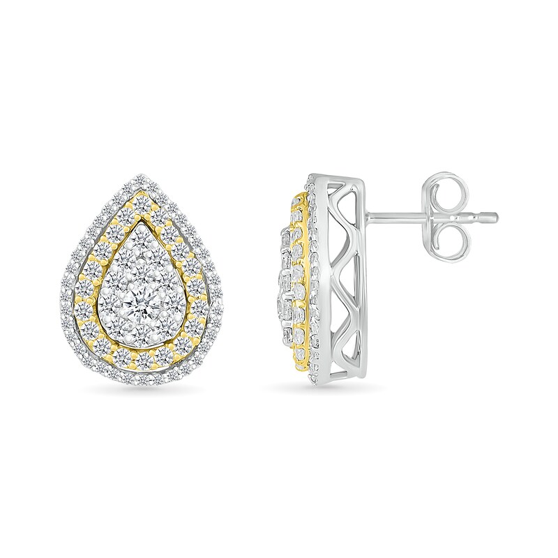 Main Image 2 of 1.00 CT. T.W. Pear-Shaped Multi-Diamond Double Frame Stud Earrings in 10K Two-Tone Gold