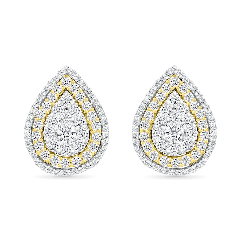 Main Image 3 of 1.00 CT. T.W. Pear-Shaped Multi-Diamond Double Frame Stud Earrings in 10K Two-Tone Gold