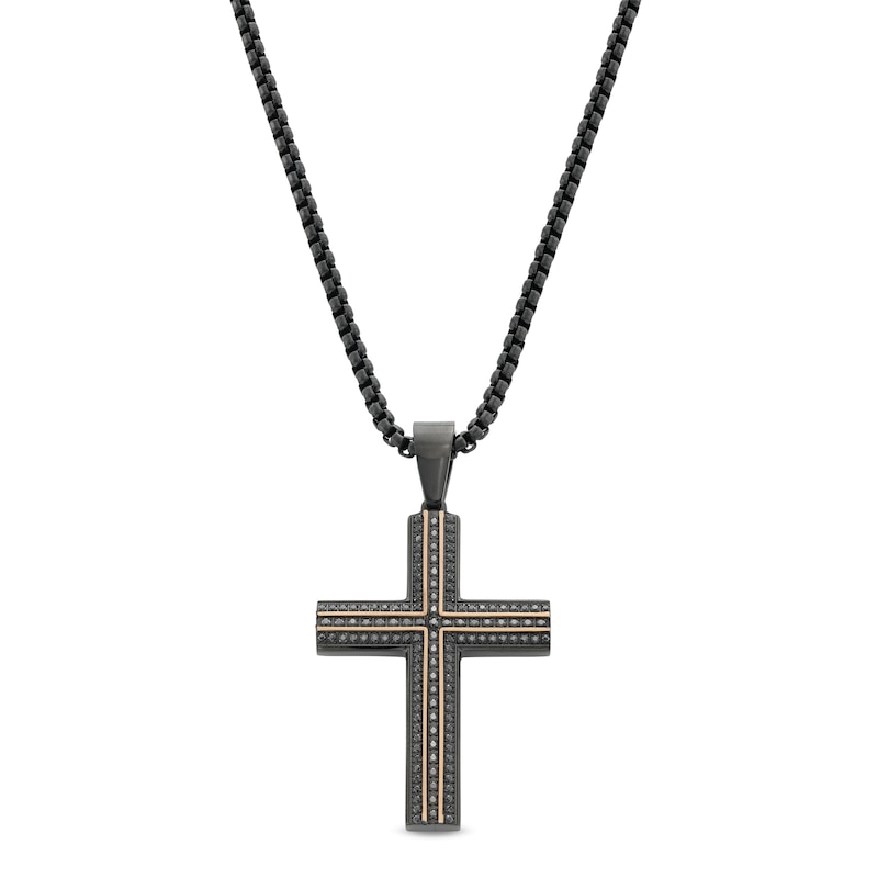 Men's 0.70 CT. T.W. Black Diamond Cross in Stainless Steel with Black and Rose Ion Plate - 24"