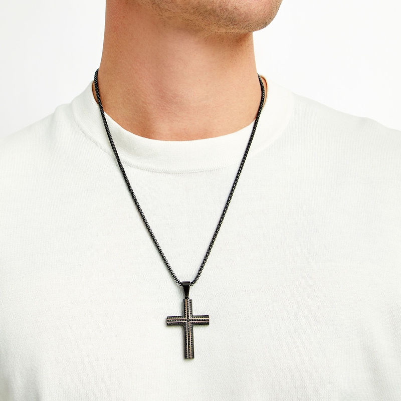 Men's 0.70 CT. T.W. Black Diamond Cross in Stainless Steel with Black and Rose Ion Plate - 24"