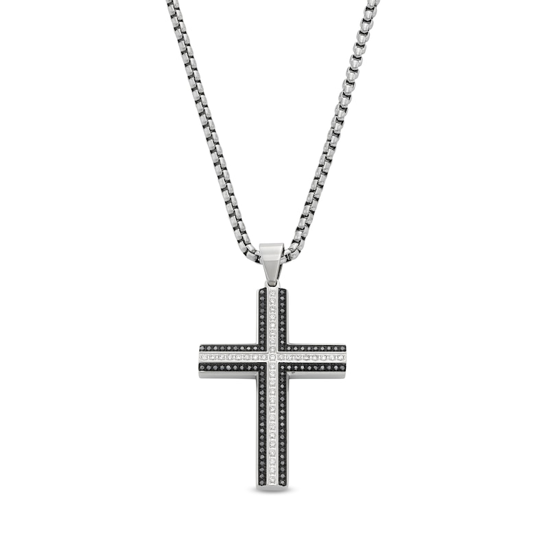 Men's 0.70 CT. T.W. Black and White Diamond Cross in Stainless Steel with Black Ion Plate - 24"|Peoples Jewellers