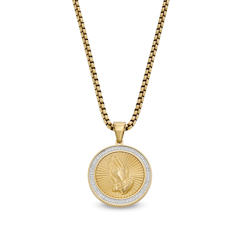 Main Image 1 of Men's 0.25 CT. T.W.  Diamond Praying Hands Medallion in Stainless Steel and Yellow Ion Plate - 24"