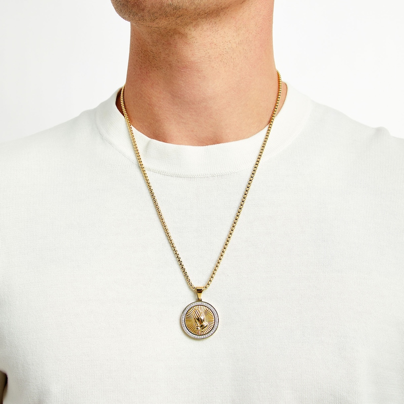 Main Image 2 of Men's 0.25 CT. T.W.  Diamond Praying Hands Medallion in Stainless Steel and Yellow Ion Plate - 24"