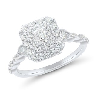 0.69 CT. T.W. Emerald-Cut Diamond Double Frame Scallop Shank Engagement Ring in 14K White Gold