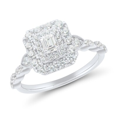 0.69 CT. T.W. Emerald-Cut Diamond Double Frame Scallop Shank Engagement Ring in 14K White Gold