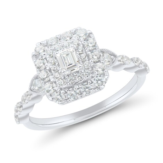 0.69 CT. T.W. Emerald-Cut Diamond Double Frame Scallop Shank Engagement Ring in 14K White Gold