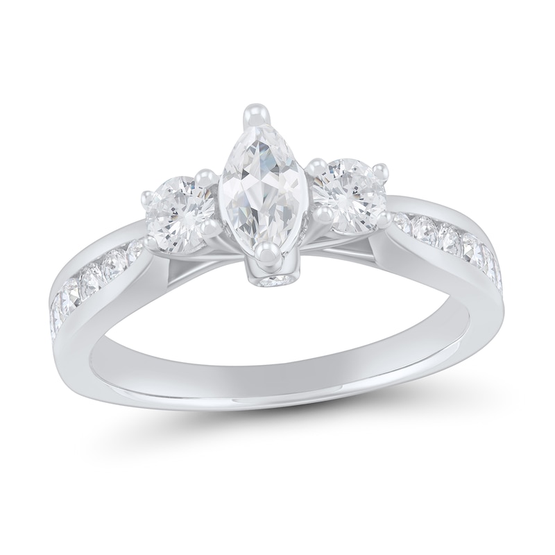 0.95 CT. T.W. Marquise Diamond Past Present Future® Tapered Shank Engagement Ring in 14K White Gold